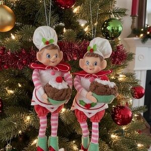 2 Vintage 11” Christmas Knee Hugger Posable Rubber Face Baking Festive Elfves